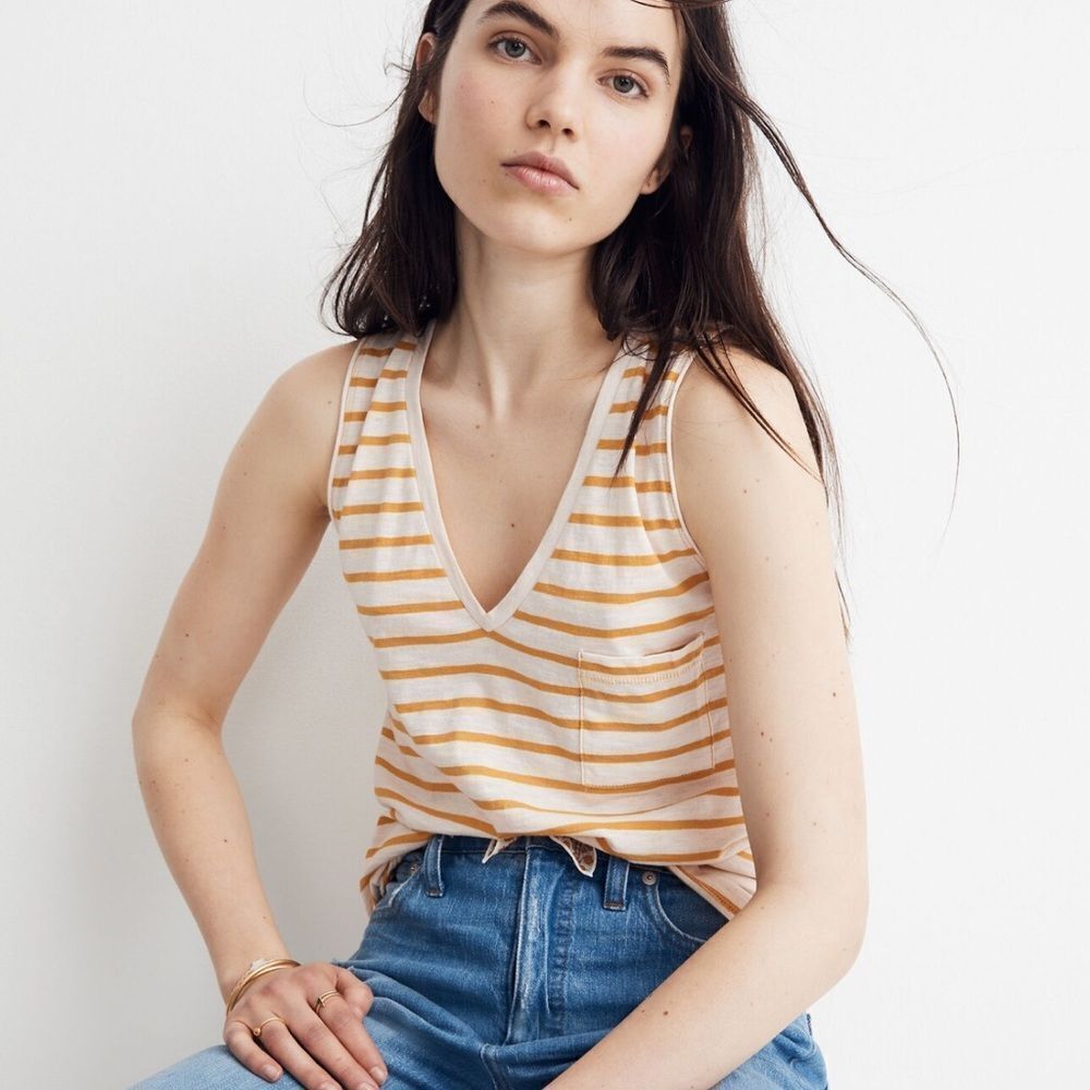 Madewell Whisper Cotton V-Neck Pocket Tank in Baker Stripe Women’s XXS